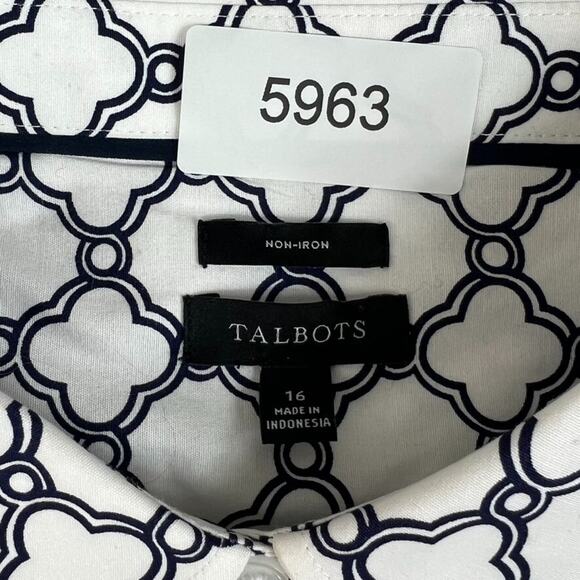 Talbots Shirt Womens Button Up 16 White Navy Blue Geometric Print Long Sleeve - Picture 8 of 13